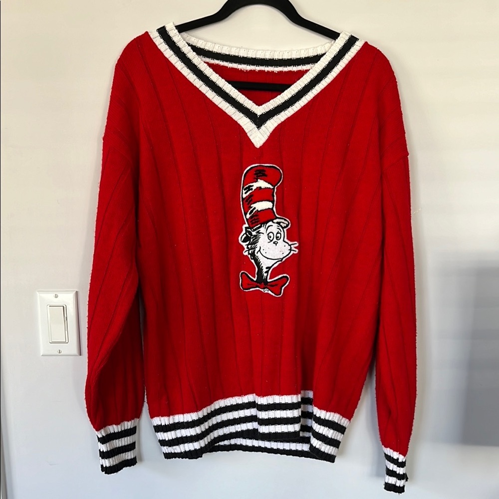 Red V-Neck Sweater with Striped Trim